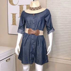 Chambray Denim Button Down Dress with Stretch Belt